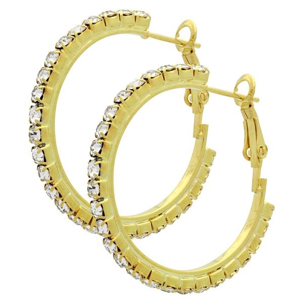 Rhinestone Hoop Earrings Crystal/Gold 2" - Pair