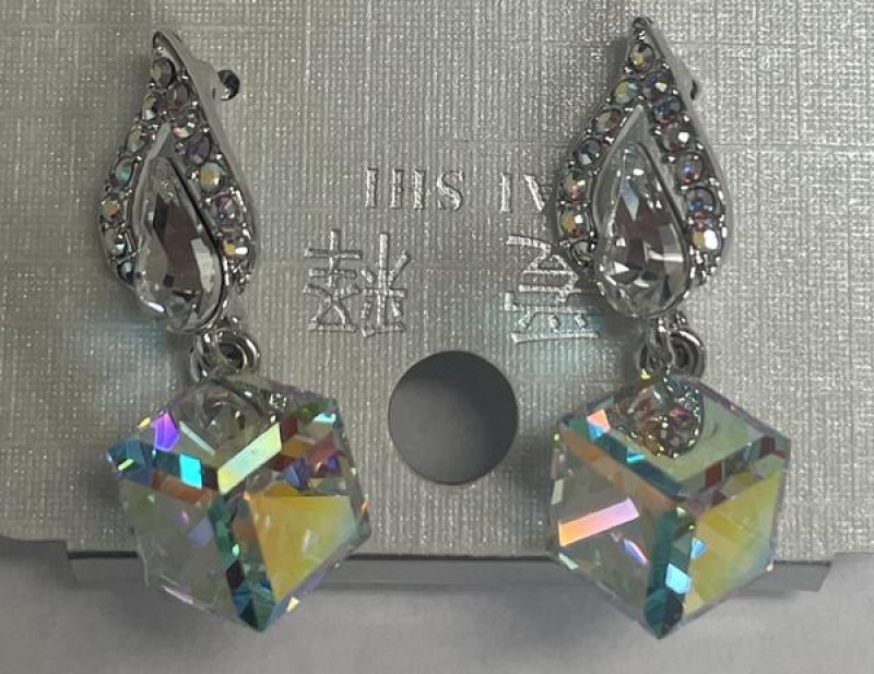 Crystal Raindrop Accented With Crystal Ab And Corner Cut Cube Dangle Earrings - Pair