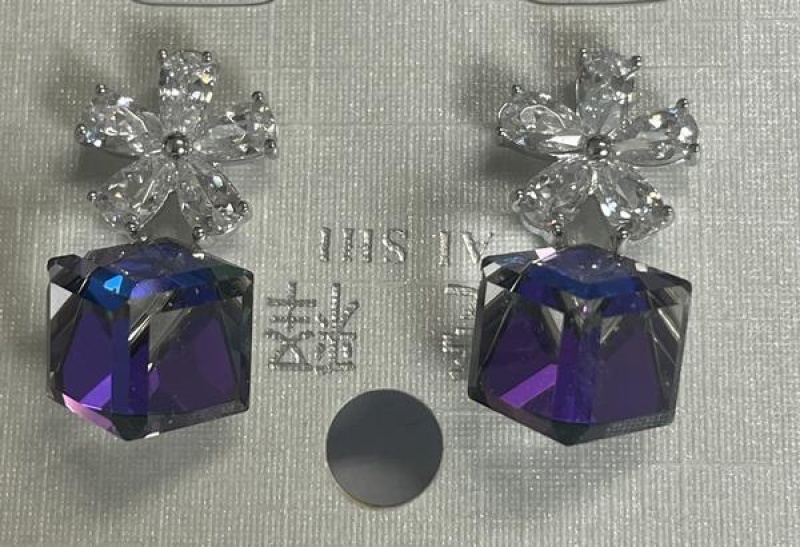 Crystal Heliotrope Corner Cut Cube Dangle Earrings With Flower Motif - Pair