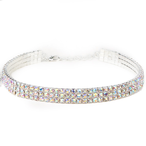 3 Row Stretch Rhinestone Choker Necklace Crystal Ab /Silver