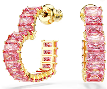Swarovski Collections - Matrix Hoop Earrings Baguette Cut, Heart, Small, Pink, Gold-Tone Plated - Pair