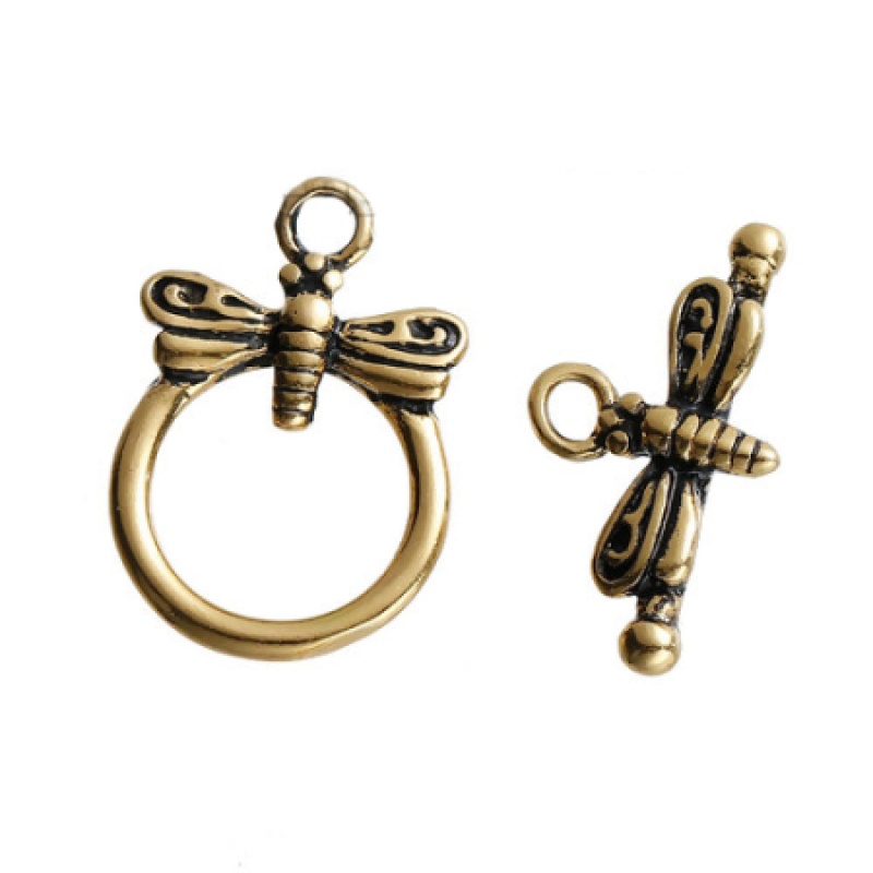 Brass Toggle Clasps Round Gold Tone Antique Gold Dragonfly Carved 19Mm X13mm( 6/8" X 4/8") 18Mm X10mm( 6/8" X 3/8"), 2 Sets
