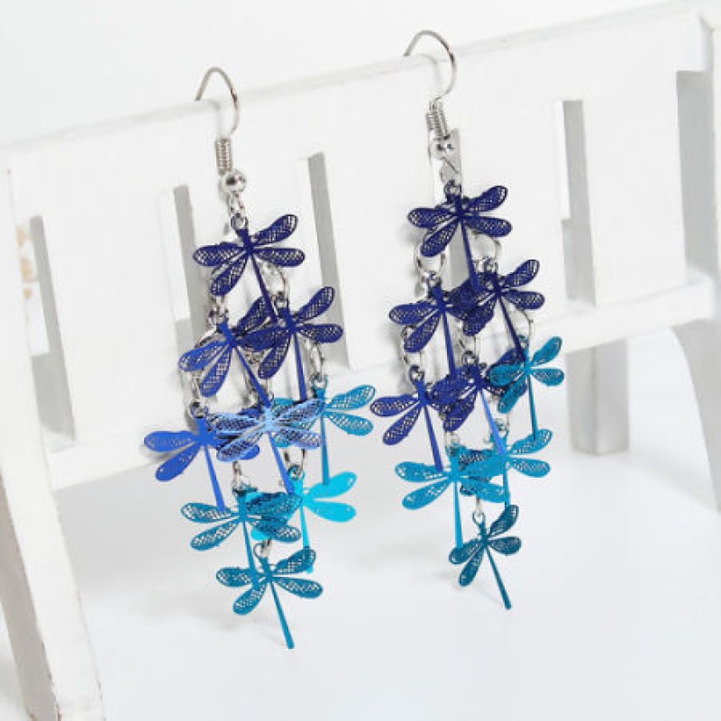 Brass Earrings Blue Dragonfly Animal 74Mm(2 7/8") X 32Mm(1 2/8"), Post/ Wire Size: (21 Gauge), 1 Pair