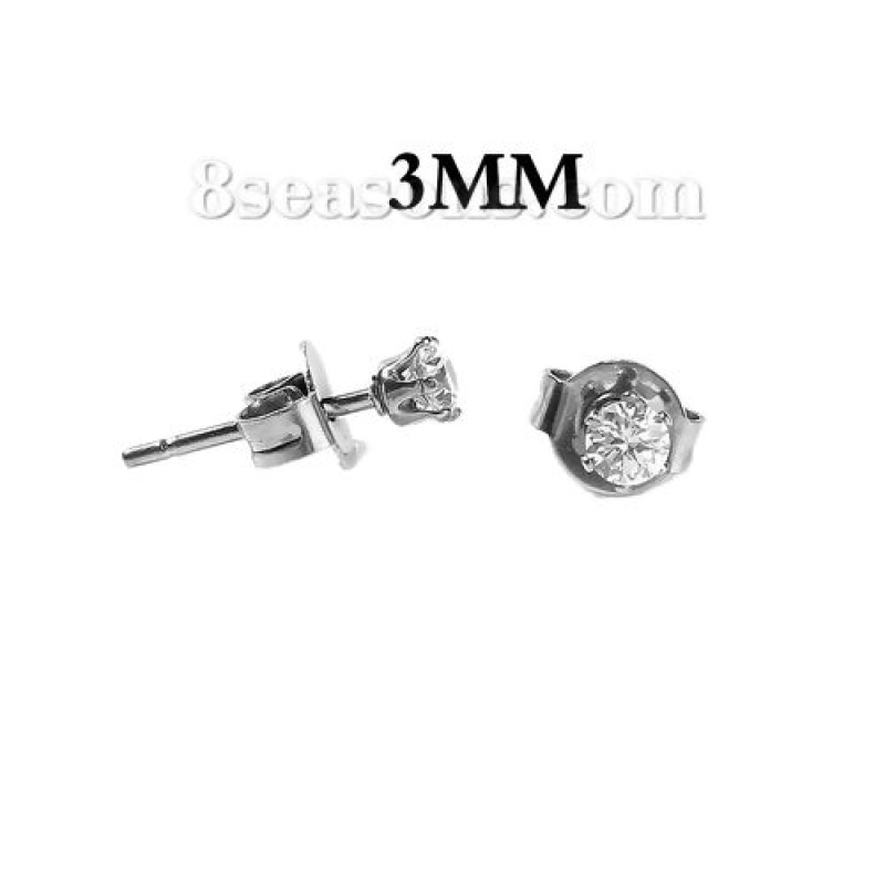 304 Stainless Steel & Cubic Zirconia Ear Post Stud Earrings Silver Tone Transparent Clear Round 4Mm( 1/8") X 3Mm( 1/8"), Post/ Wire Size: (20 Gauge), 1 Pair
