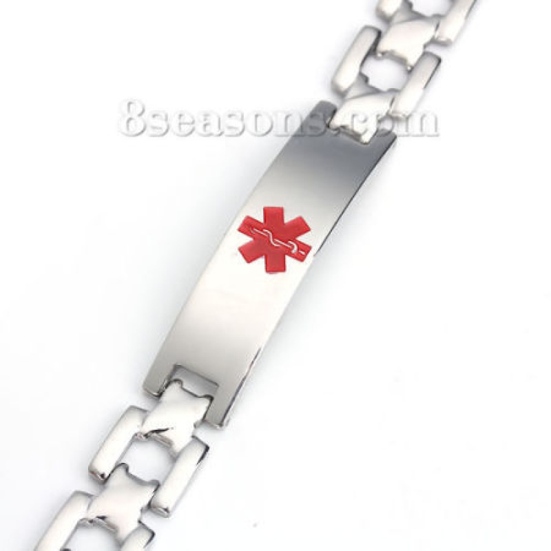 Stainless Steel Bracelets Silver Tone Red Rectangle Medical Alert Id Caduceus Enamel 21.5Cm(8 4/8") Long, 1 Piece