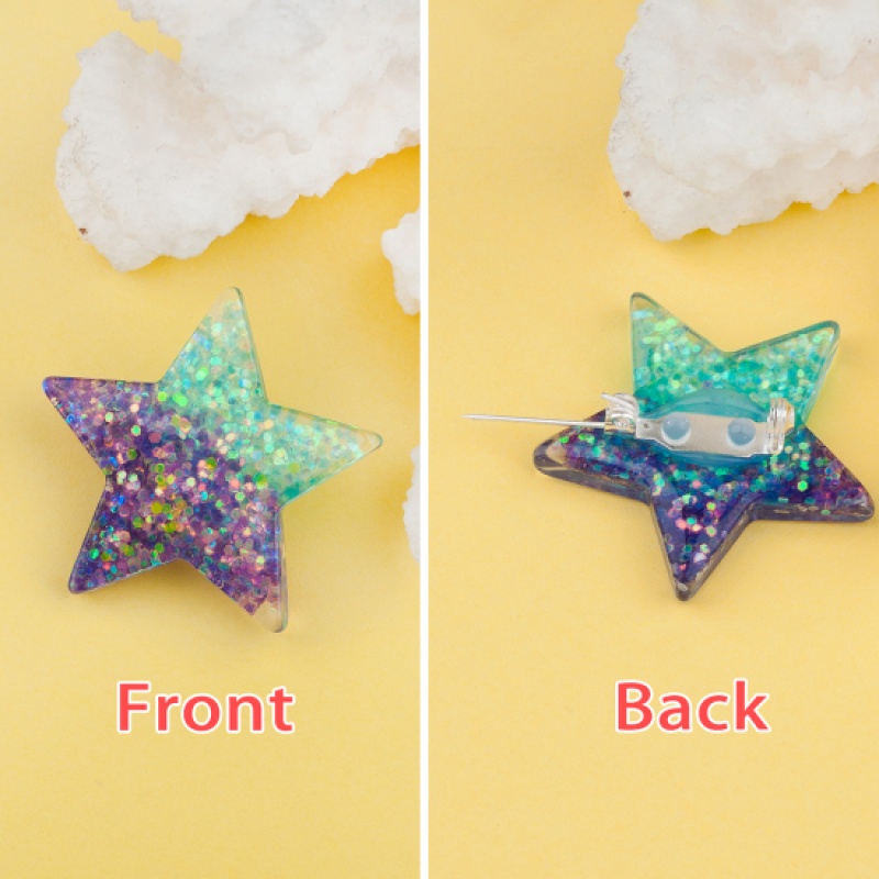 Resin Pin Brooches Pentagram Star Purple Green Blue Glitter 38Mm(1 4/8") X 36Mm(1 3/8"), 1 Piece