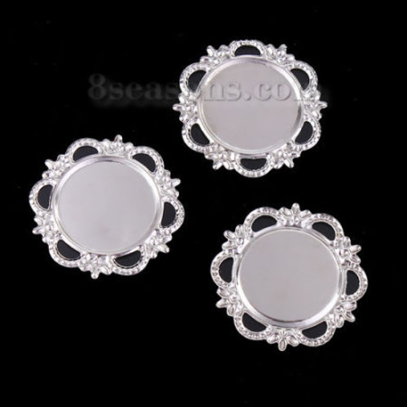 Iron Based Alloy Filigree Stamping Embellishments Flower Silver Tone Cabochon Settings (Fits 17.5Mm Dia.) 28Mm(1 1/8") X 28Mm(1 1/8"), 60 Pcs