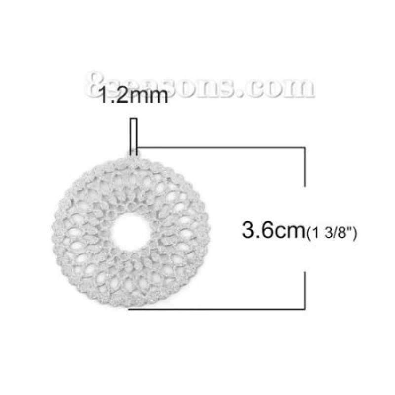 304 Stainless Steel Pendants Circle Ring Silver Tone Filigree Glitter 36Mm(1 3/8") X 35Mm(1 3/8"), 5 Pcs
