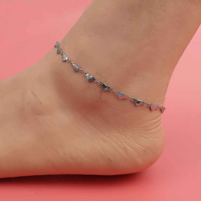 304 Stainless Steel Anklet Silver Tone Heart 23Cm(9") Long, 1 Piece