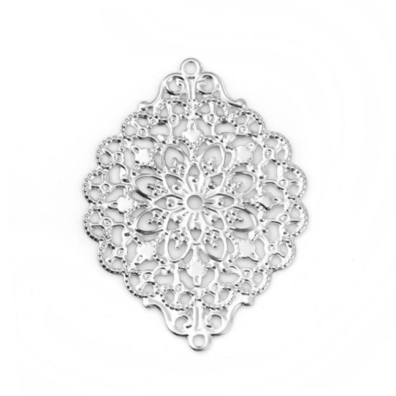 Iron Based Alloy Filigree Stamping Embellishments Rhombus Silver Tone 53Mm(2 1/8") X 38Mm(1 4/8"), 30 Pcs