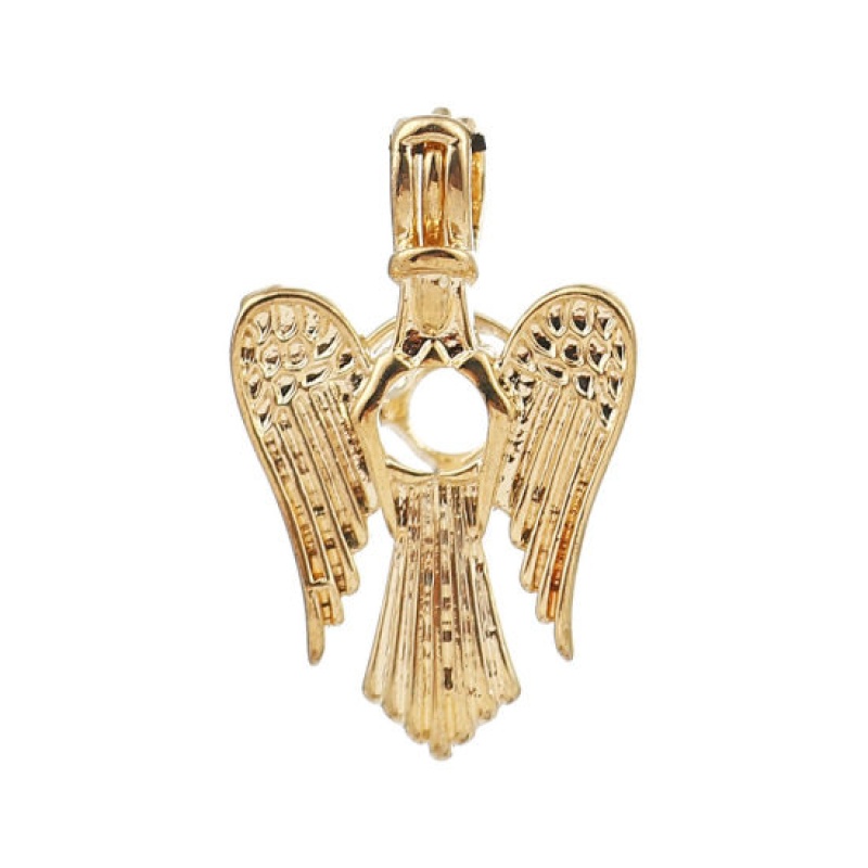 Brass Wish Pearl Locket Jewelry Pendants Angel Gold Plated Can Open (Fit Bead Size: 6Mm) 29Mm(1 1/8") X 18Mm( 6/8"), 2 Pcs