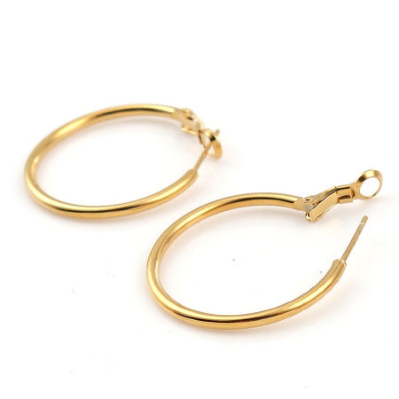 316 Stainless Steel Hoop Earrings Gold Plated Round 30Mm(1 1/8") Dia., Post/ Wire Size: (20 Gauge), 1 Pair”