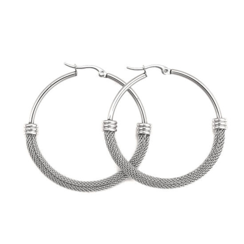 304 Stainless Steel Hoop Earrings Silver Tone Round 4.9Cm(1 7/8") X 4.7Cm(1 7/8"), Post/ Wire Size: (18 Gauge), 1 Pair