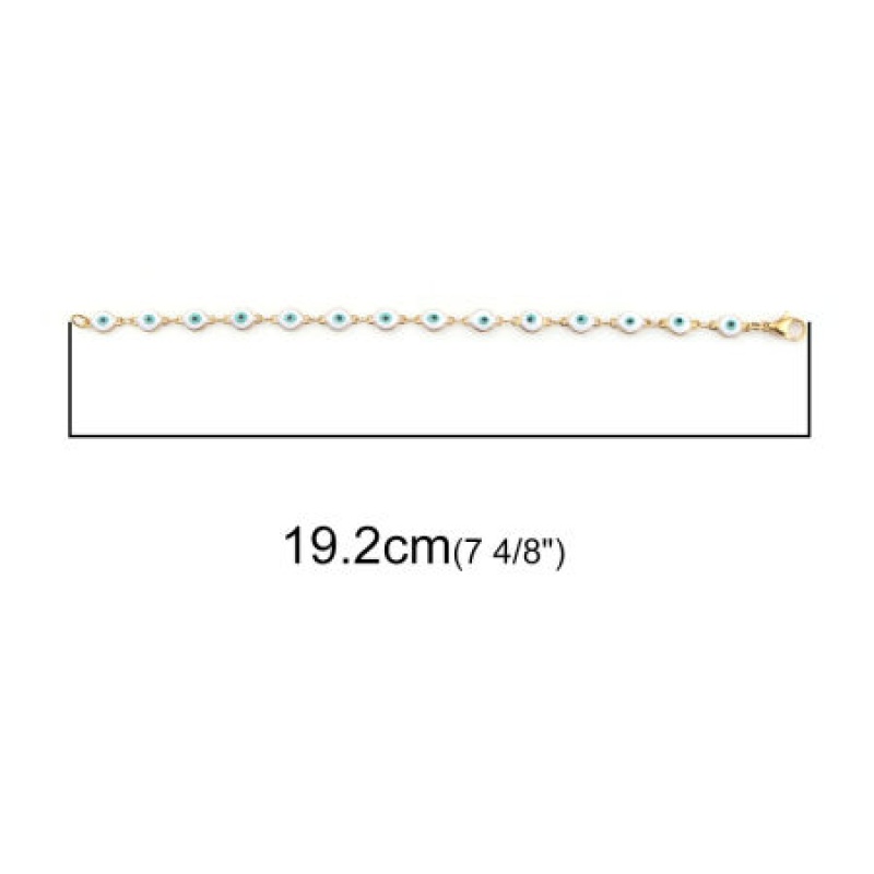 1 Piece Vacuum Plating 304 Stainless Steel Bracelets Gold Plated White Evil Eye Enamel 19.2Cm(7 4/8") Long