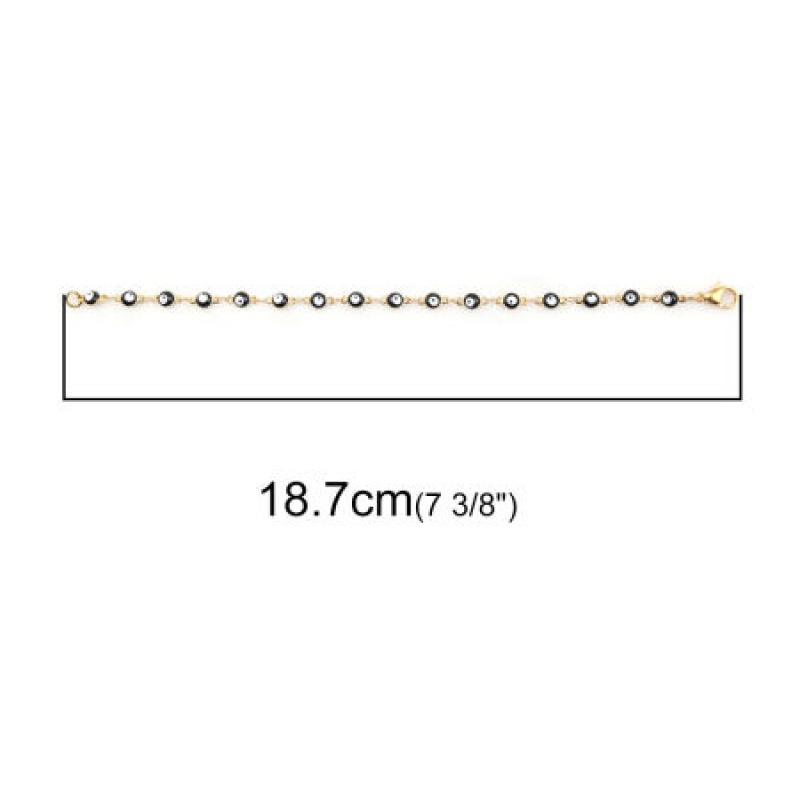 1 Piece Vacuum Plating 304 Stainless Steel Bracelets Gold Plated Black Evil Eye Enamel 18.7Cm(7 3/8") Long