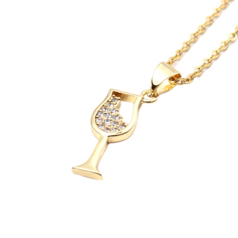 Stainless Steel & Copper Micro Pave Necklace Silver Tone Wine Glass Clear Cubic Zirconia 45Cm(17 6/8") Long, 1 Piece