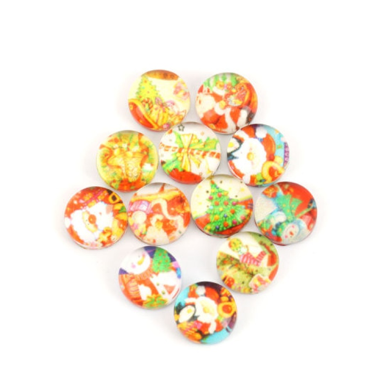 Glass Dome Seals Cabochon Round Flatback At Random Mixed Christmas Santa Claus Pattern 8Mm Dia, 50 Pcs