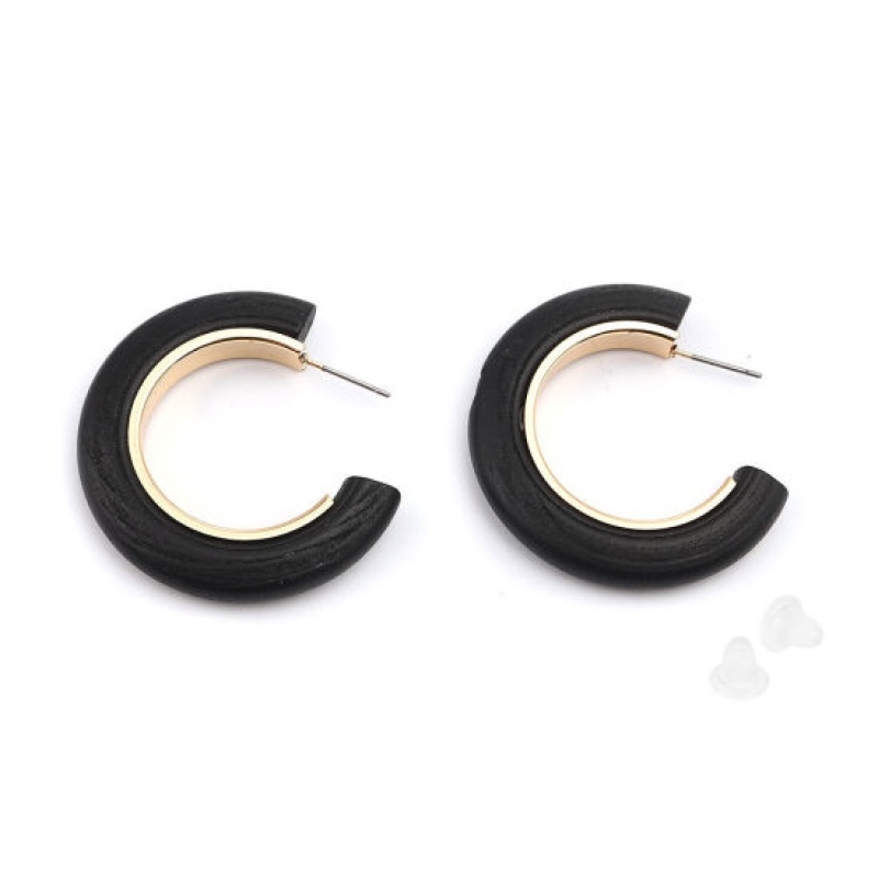 Zinc Based Alloy & Natural Wood Hoop Earrings Gold Plated Black C Shape 40Mm X 40Mm, Post/ Wire Size: (21 Gauge), 2 Pcs