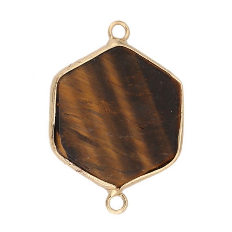 (Grade A) Tiger's Eyes ( Natural ) Connectors Hexagon Gold Plated Brown 3.5Cm X 2.5Cm, 1 Piece