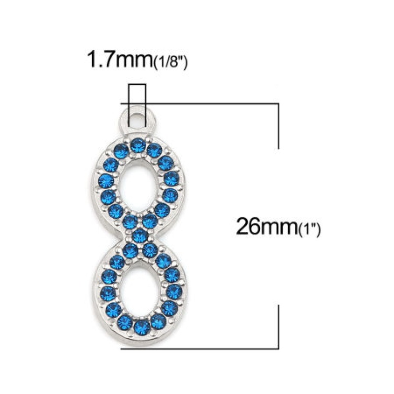 304 Stainless Steel Charms Infinity Symbol Silver Tone Dark Blue Rhinestone 26Mm X 10Mm, 2 Pcs
