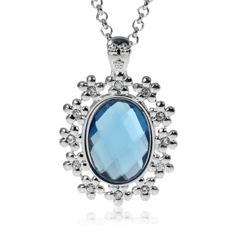 Jewelry Necklace Oval Silver Tone Clear Blue Rhinestone Faceted 65Cm(25 5/8") Long, 1 Piece