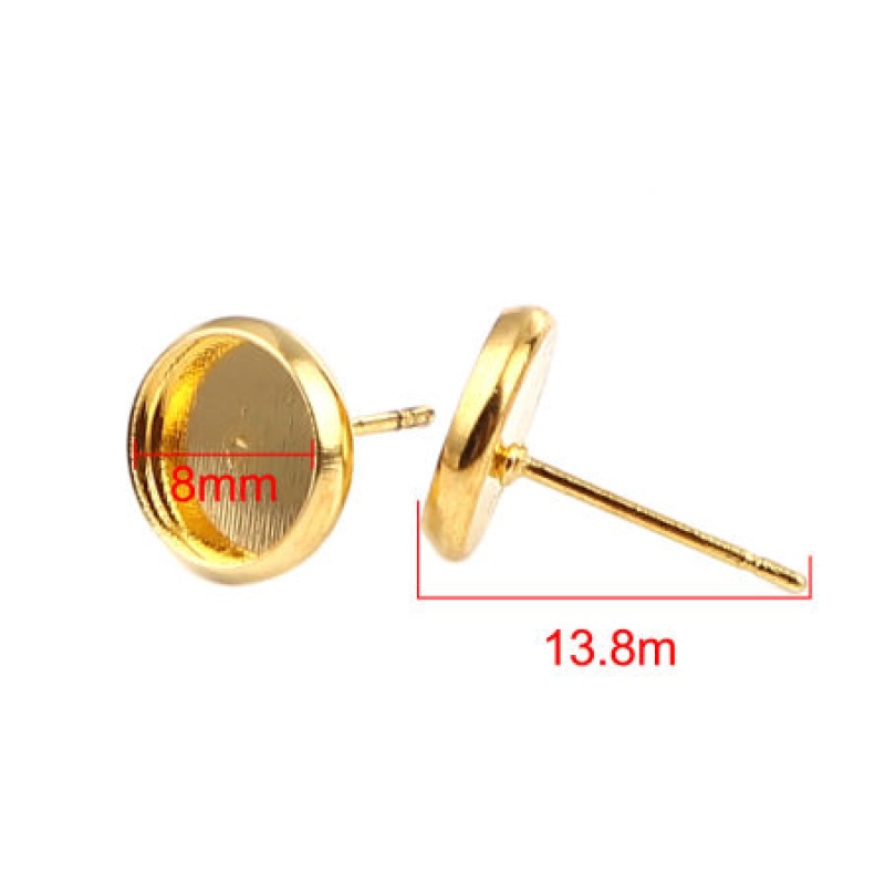 Iron Based Alloy Cabochon Settings Ear Post Stud Earrings Findings Round Gold Plated (Fit 8Mm Dia.) 10Mm Dia., Post/ Wire Size: (21 Gauge), 30 Pcs