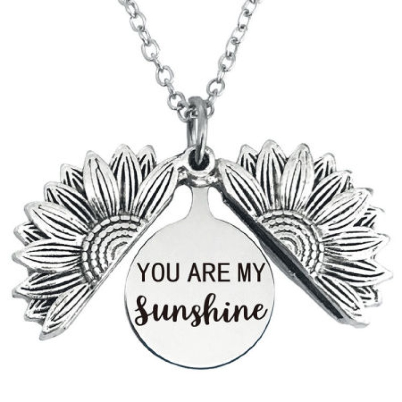 Stainless Steel Positive Quotes Energy Link Chain Findings Necklace Antique Silver Color Round Disc Sunflower Message " You Are My Sunshine " Can Open 45Cm(17 6/8") Long, 1 Piece