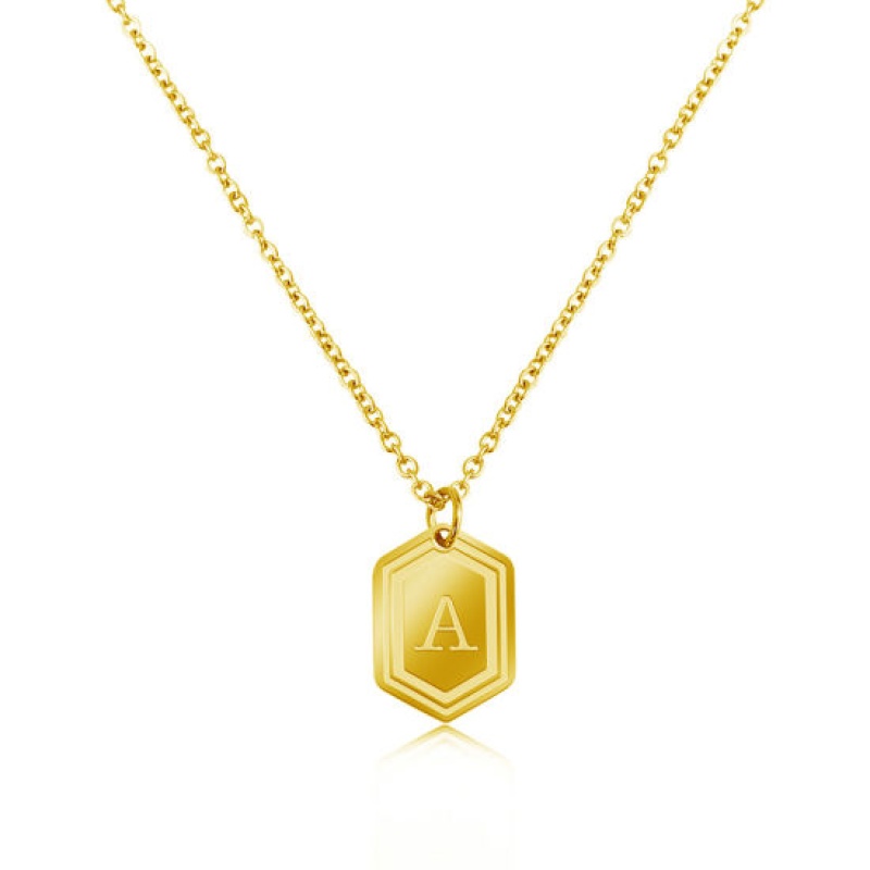 Stainless Steel Necklace Gold Plated Hexagon Initial Alphabet/ Capital Letter Message " A " Blank Stamping Tags 55Cm(21 5/8") Long, 1 Piece