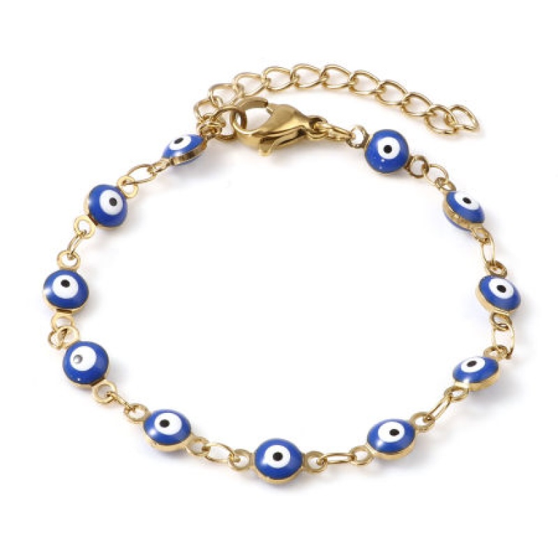 1 Piece Vacuum Plating 304 Stainless Steel Children Kids Bracelets Gold Plated Blue Round Evil Eye Enamel 13.5Cm(5 3/8") Long
