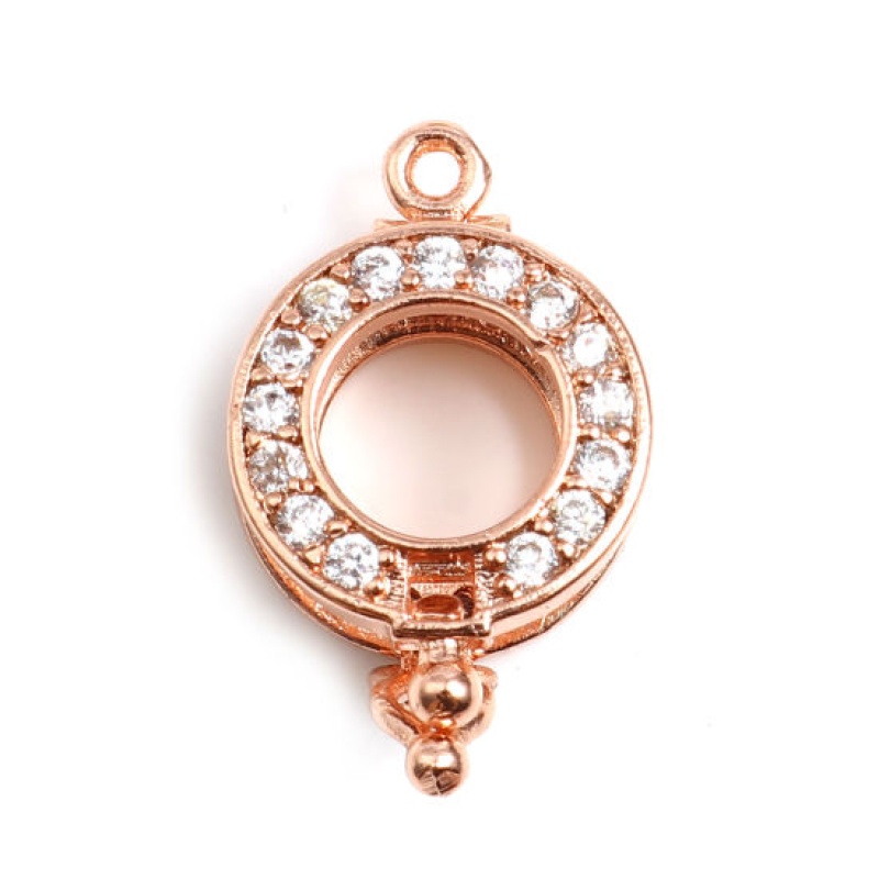 Brass Wish Pearl Locket Jewelry Charms Round Rose Gold Clear Rhinestone Can Open (Fit Bead Size: 10Mm) 20Mm X 13Mm, 1 Piece