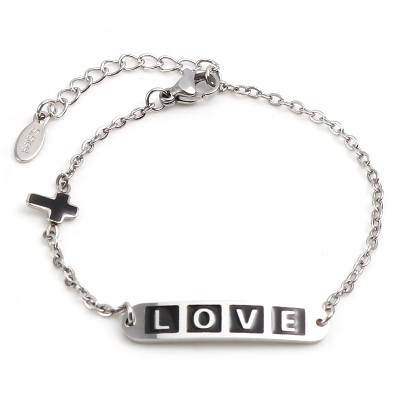 304 Stainless Steel Valentine's Day Link Cable Chain Bracelets Silver Tone Black Oval Cross Word Message " Love " Enamel 17Cm(6 6/8")-16.5Cm(6 4/8") Long, 1 Piece