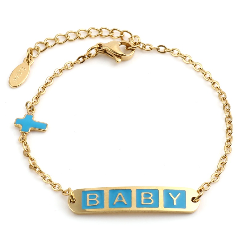 1 Piece Vacuum Plating 304 Stainless Steel Stylish Link Cable Chain Bracelets Gold Plated Blue Oval Cross Word Message " Baby " Enamel 17Cm(6 6/8")-16.5Cm(6 4/8") Long