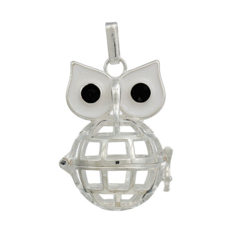 Brass Mexican Angel Caller Bola Harmony Ball Wish Box Pendants Silver Plated Owl Eye White Enamel Black Rhinestone Can Open (Fit Bead Size: 20Mm) 47Mm(1 7/8") X 28Mm(1 1/8"), 1 Piece