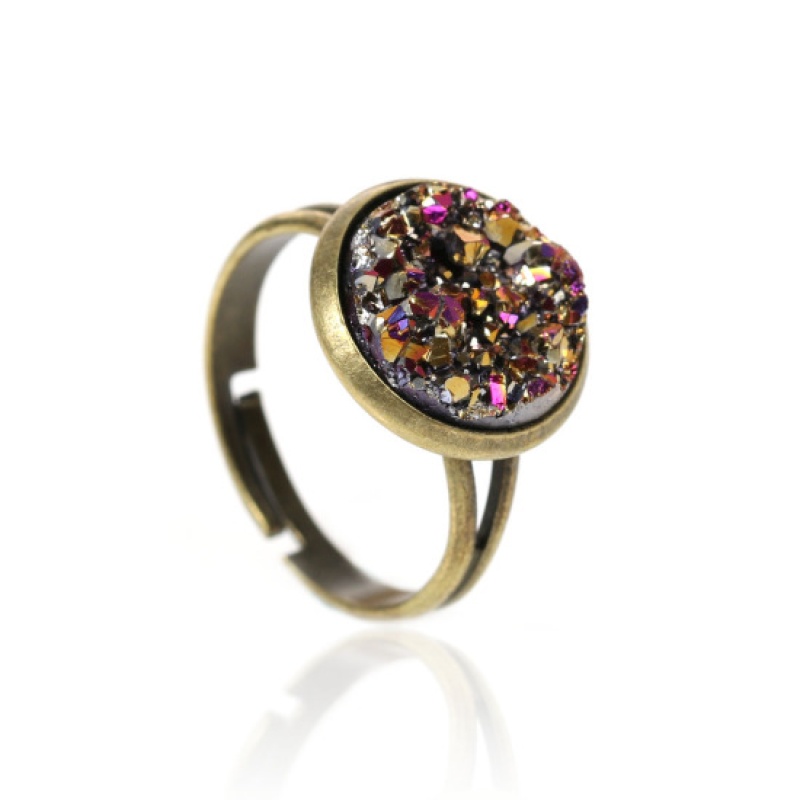 New Fashion Brass Adjustable Druzy /Drusy Rings Round Antique Bronze Multicolor Ab Color 16.7Mm( 5/8")(Us Size 6.25), 2 Pcs