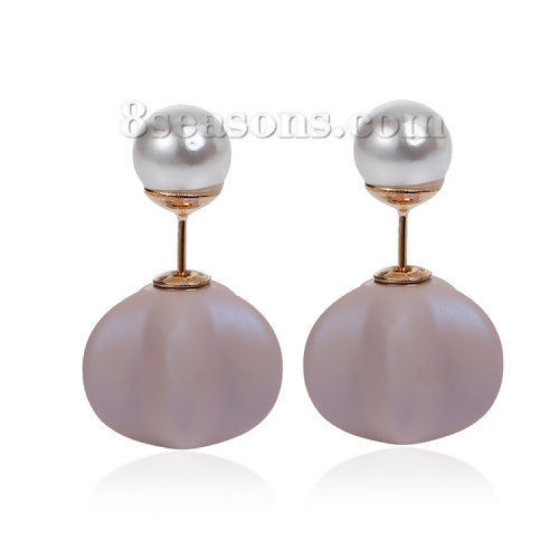 Acrylic Double Sided Ear Post Stud Earrings Pentagram Star Ball White & Light Pink Ab Color Pearl Imitation Rubberized 8Mm( 3/8") Dia. 16Mm X15mm( 5/8" X 5/8"), Post/ Wire Size: (21 Gauge), 1 Pair