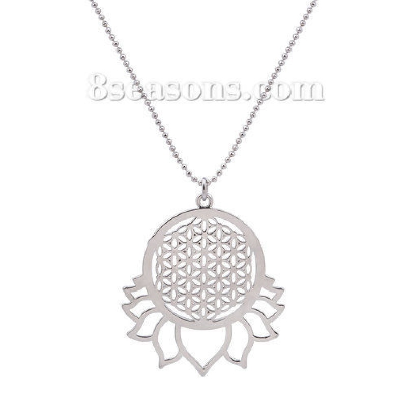 Copper Flower Of Life Necklace Ball Chain Silver Tone Hollow 58.5Cm(23") Long, 1 Piece
