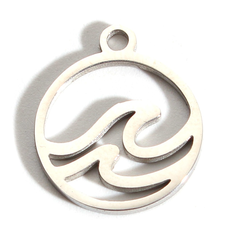 201 Stainless Steel Charms Silver Tone Round Wave Hollow 14Mm X 12Mm, 2 Pcs