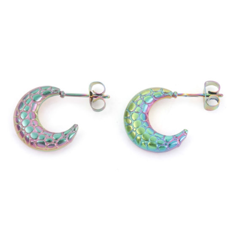 1 Pair Vacuum Plating 316 Stainless Steel Stylish Hoop Earrings Rainbow Color Plated Half Moon Texture 21Mm X 15Mm, Post/ Wire Size: (20 Gauge)