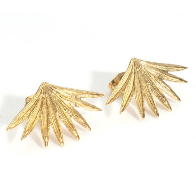 4 Pcs Eco-Friendly Pvd Vacuum Plating 304 Stainless Steel Flora Collection Ear Post Stud Earrings 18K Gold Plated Fan-Shaped Flower Leaves With Stoppers 25Mm X 15Mm, Post/ Wire Size: (21 Gauge)