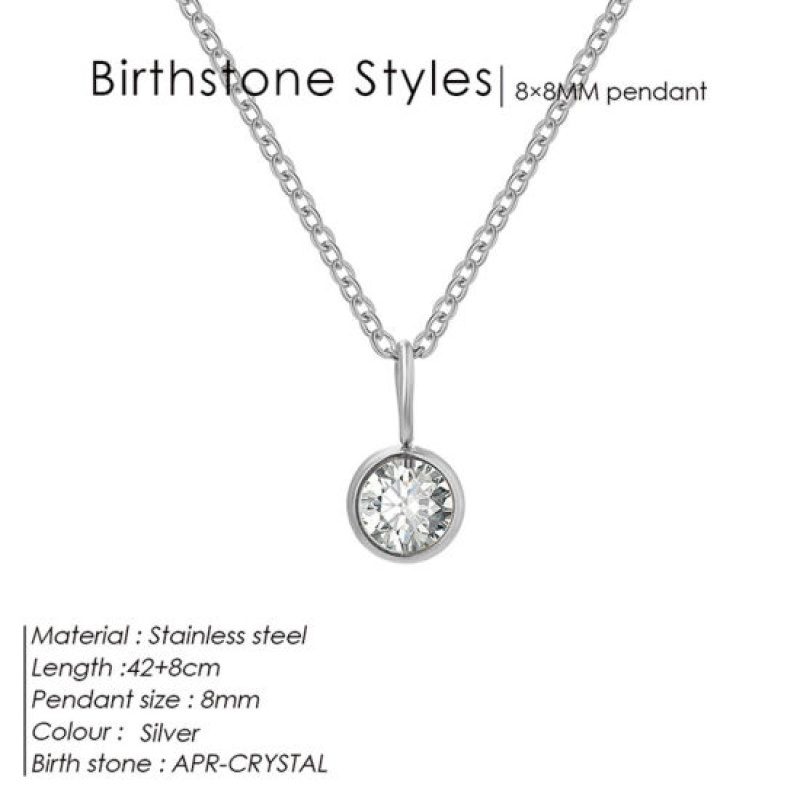 316 Stainless Steel Birthstone Link Cable Chain Necklace Silver Tone Round April Clear Rhinestone 42Cm(16 4/8") Long, 1 Piece