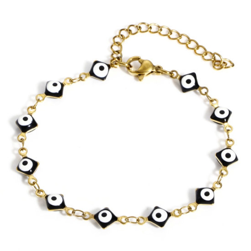 304 Stainless Steel Religious Handmade Link Chain Bracelets Gold Plated Black Rhombus Evil Eye With Lobster Claw Clasp And Extender Chain 16.5Cm(6 4/8") Long, 1 Piece