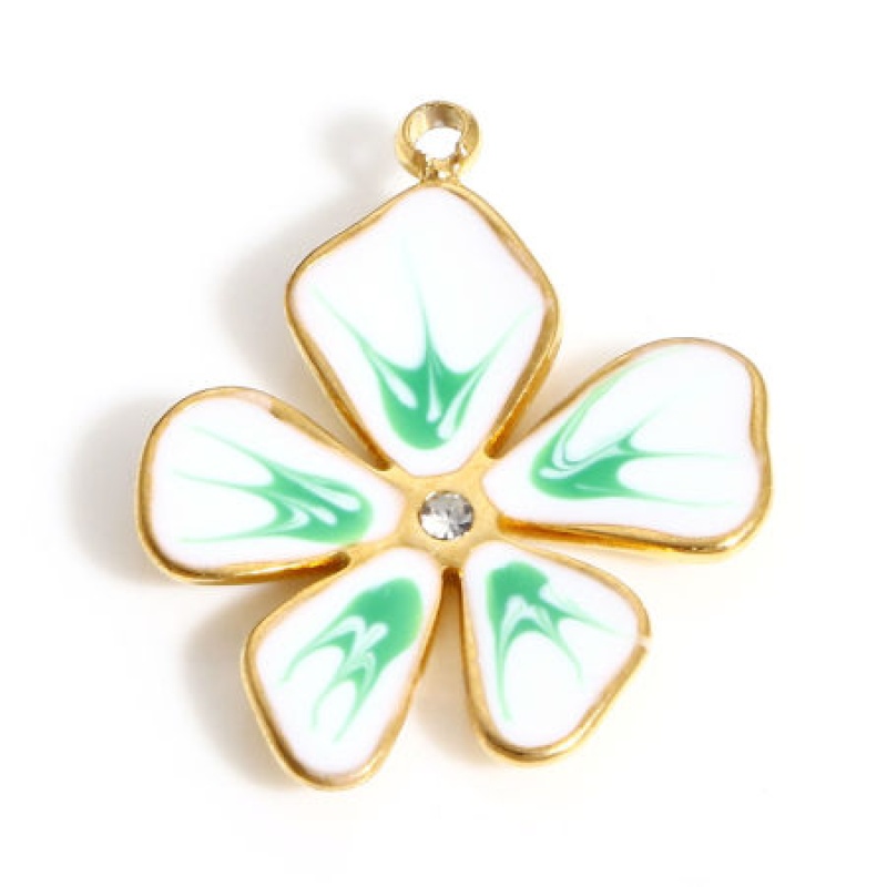 304 Stainless Steel Pastoral Style Charms Gold Plated White Flower Enamel Clear Rhinestone 21Mm X 17Mm, 1 Piece