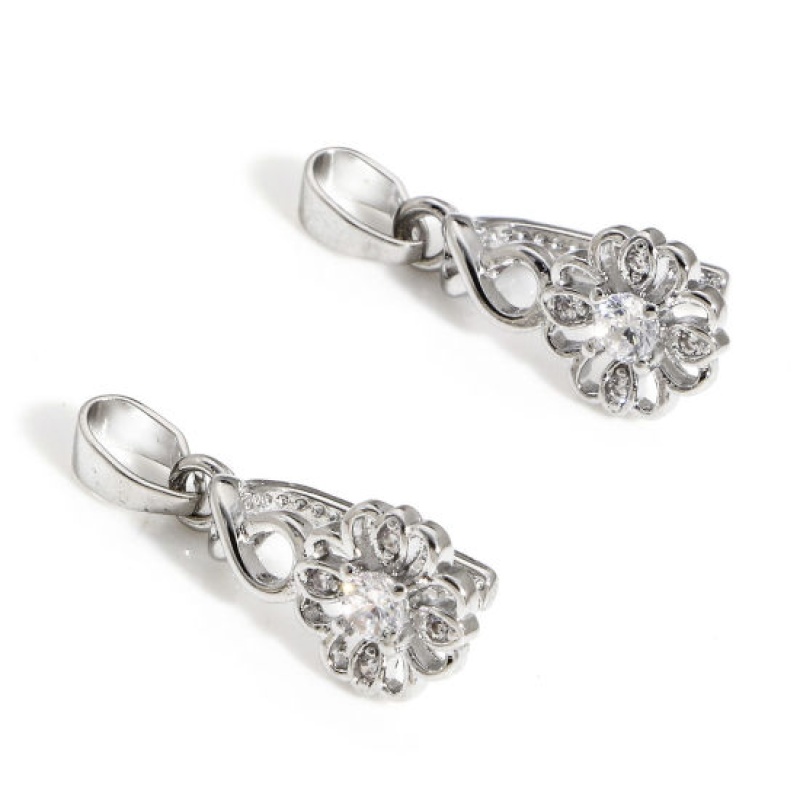1 Piece Brass Pendant Pinch Bails Clasps Flower Real Platinum Plated Clear Cubic Zirconia 20Mm X 8Mm