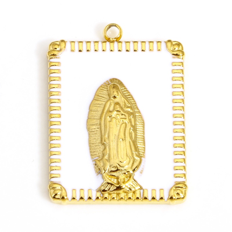 1 Piece 304 Stainless Steel Religious Charms Gold Plated White Rectangle Virgin Mary Enamel 22.5Mm X 16.5Mm
