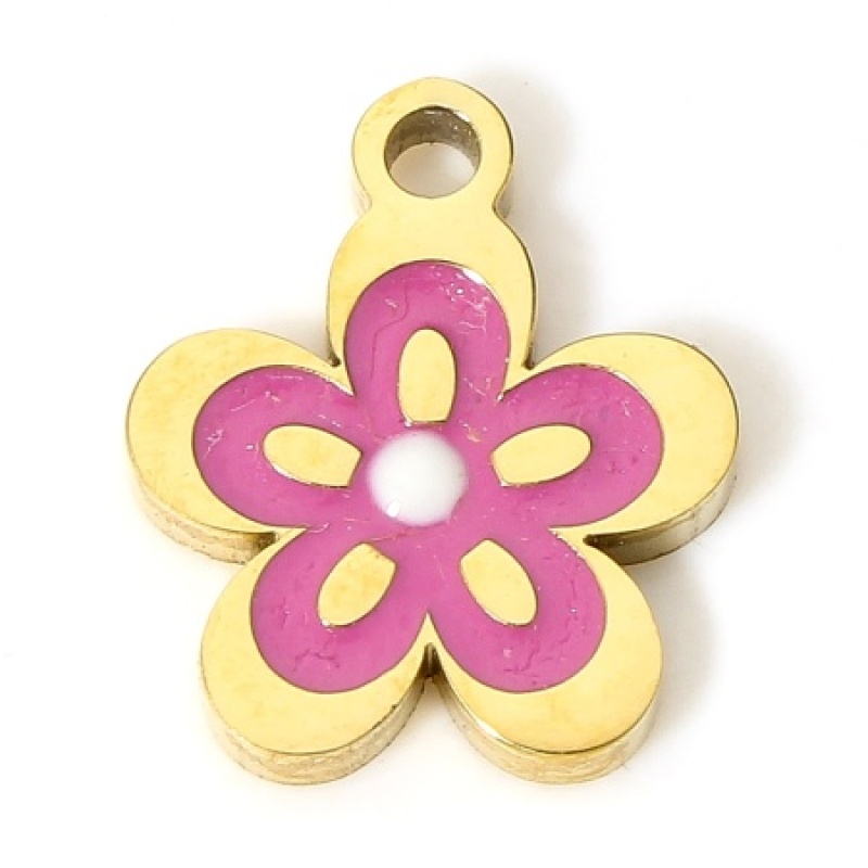 1 Piece Eco-Friendly Pvd Vacuum Plating 304 Stainless Steel Stylish Charms 18K Real Gold Plated Purple Flower Enamel 11Mm X 9Mm