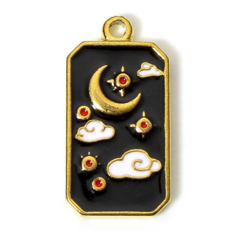 1 Piece 304 Stainless Steel Galaxy Charms 18K Gold Plated Black Octagon Moon Enamel 26Mm X 13Mm