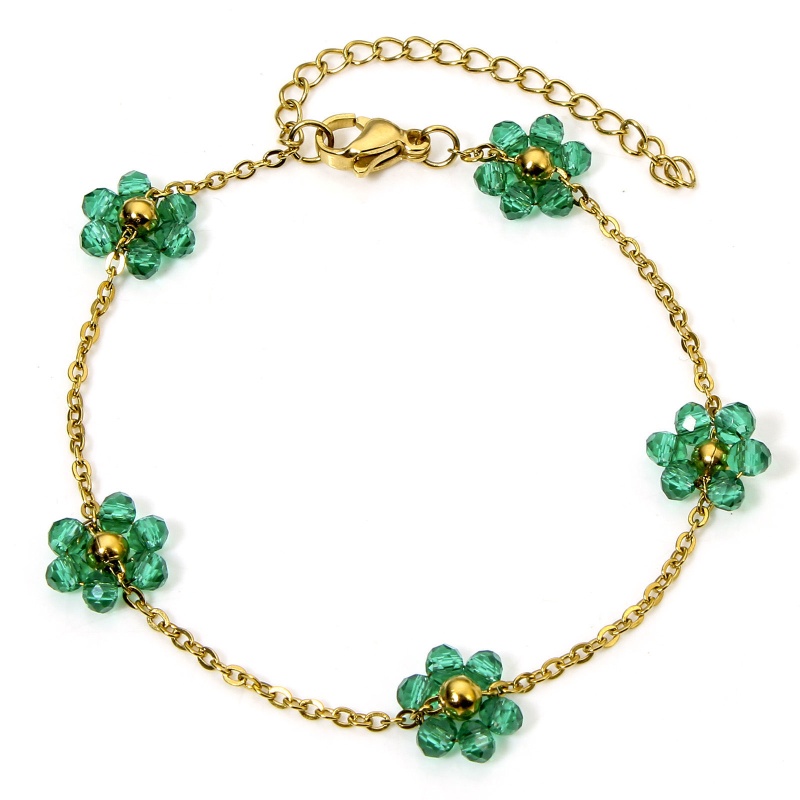 1 Piece Eco-Friendly Pvd Vacuum Plating 304 Stainless Steel Beaded Chain Bracelets 18K Gold Plated Green Flower With Lobster Claw Clasp And Extender Chain 17Cm(6 6/8") Long