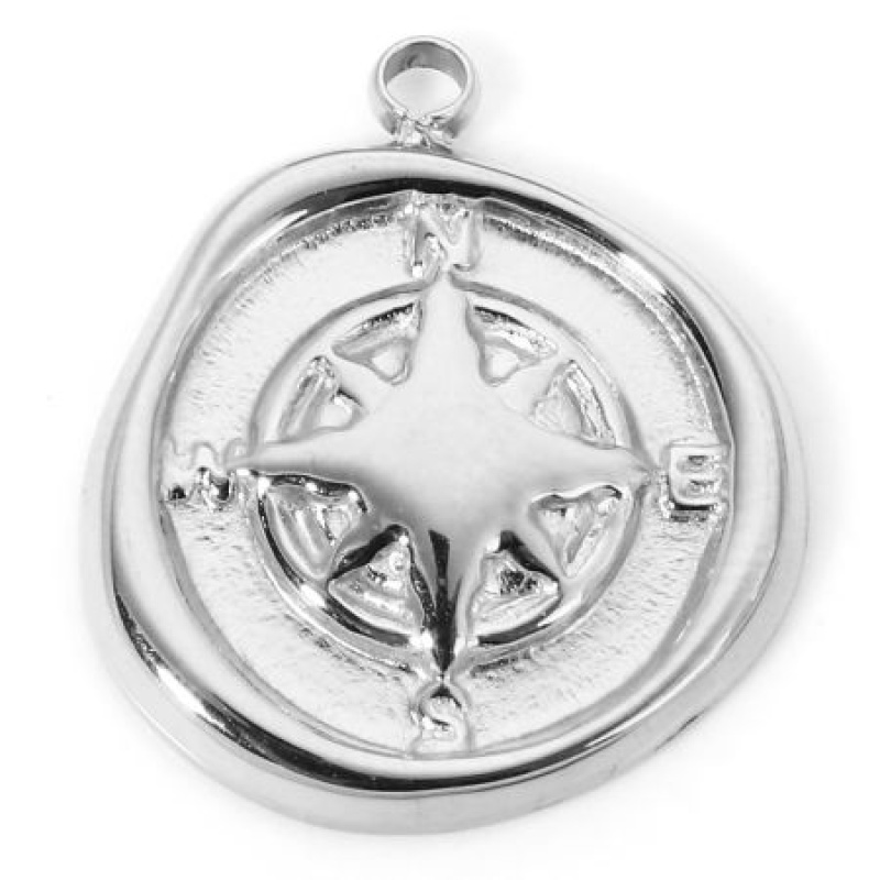 1 Piece Eco-Friendly 304 Stainless Steel Galaxy Disc Charms Silver Tone Round Eight Pointed Star 17Mm X 15.5Mm