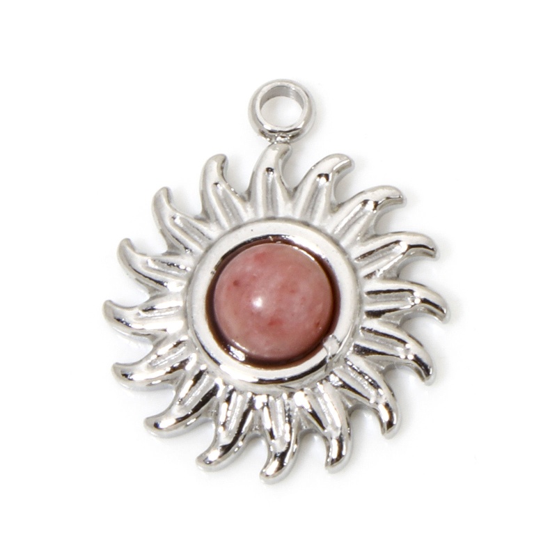 1 Piece Eco-Friendly 304 Stainless Steel & Stone Retro Charms Silver Tone Red Sun 14.5Mm X 12.5Mm