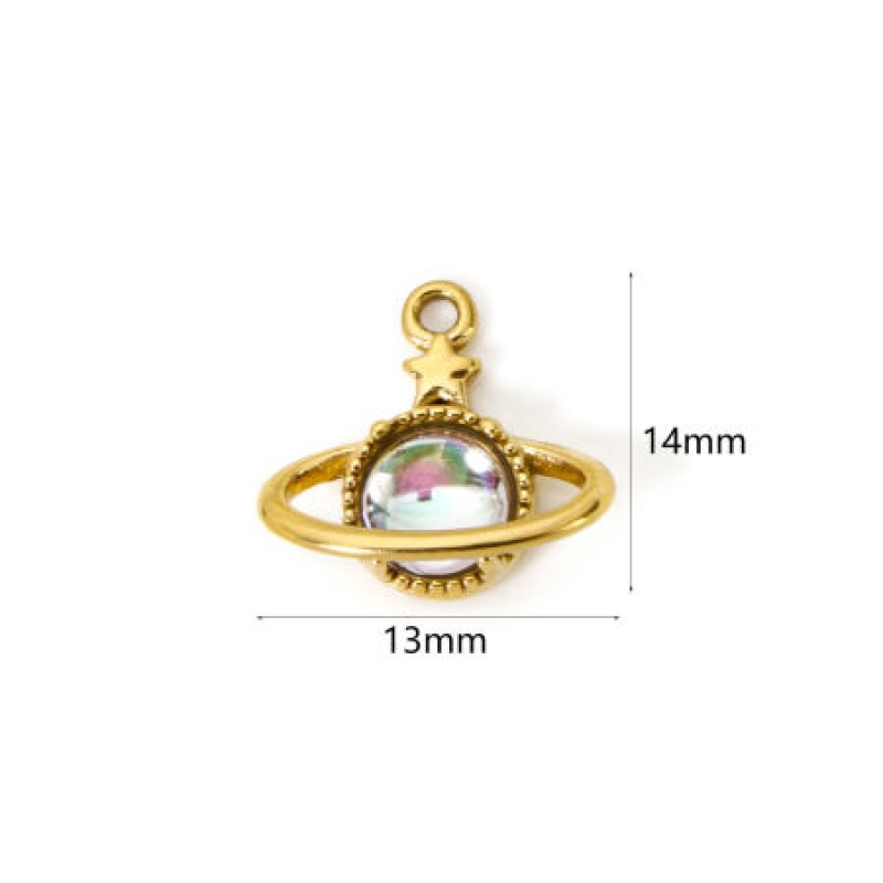 1 Piece Eco-Friendly Pvd Vacuum Plating Waterproof Anti-Tarnish Hypoallergenic 304 Stainless Steel Galaxy Charms 18K Real Gold Plated Planet 14Mm X 13Mm